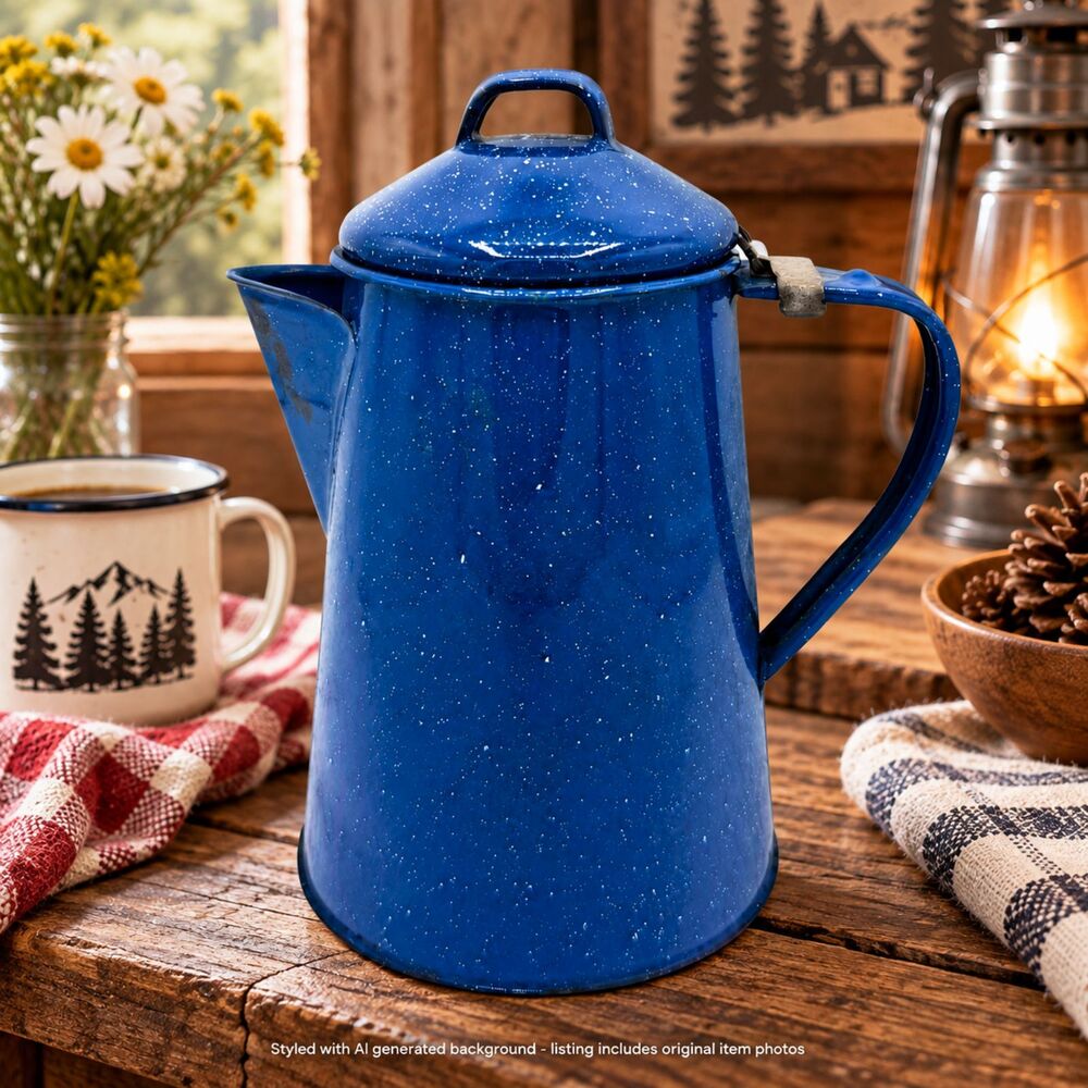 Vintage Blue Speckle Coffee Pot Small 8" Enamelware Cowboy Camp Kettle Hinge Lid